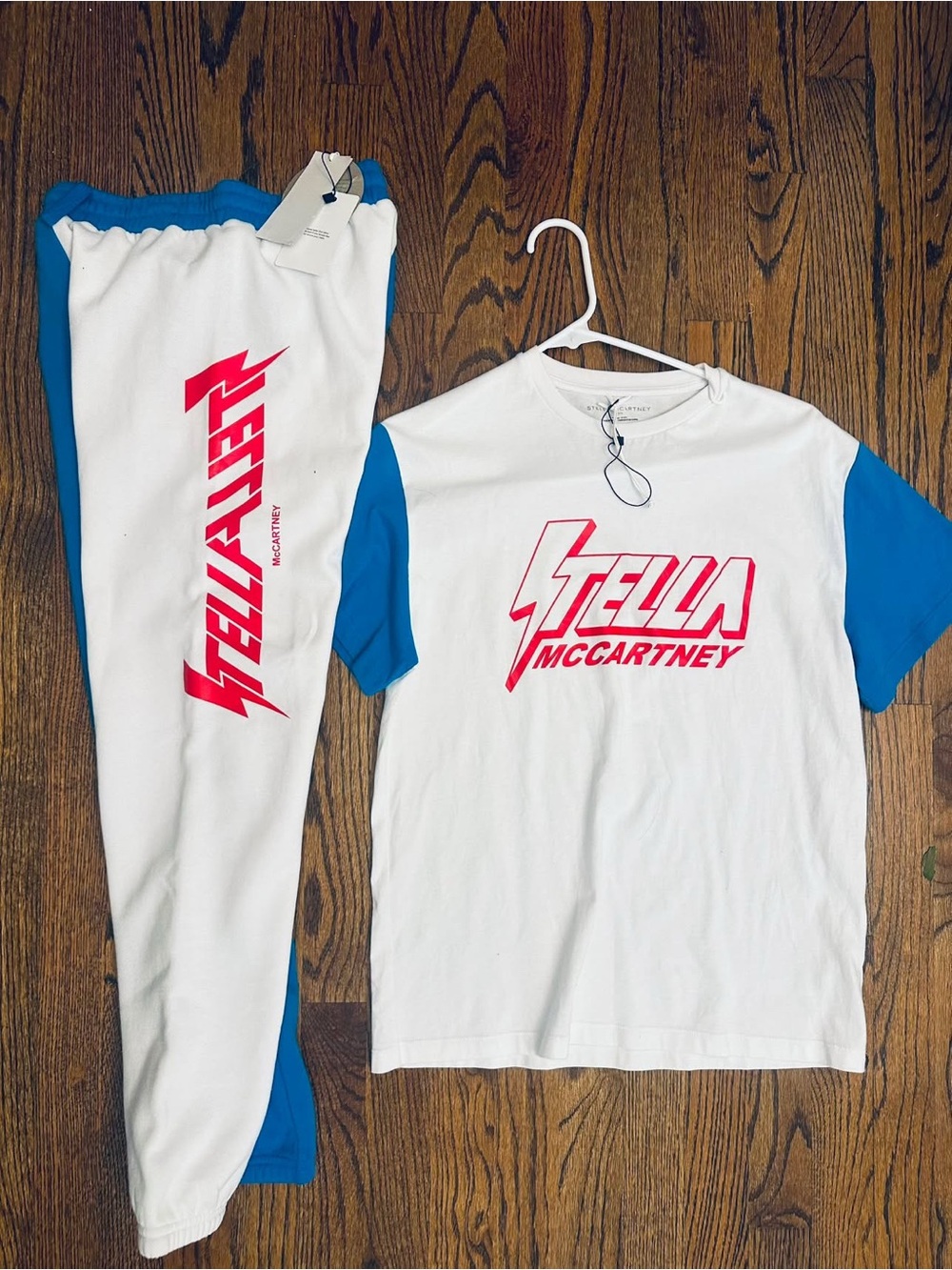 Stella McCartney White Tee &  Sweatpants Set with Red Logo never worn UNISEX